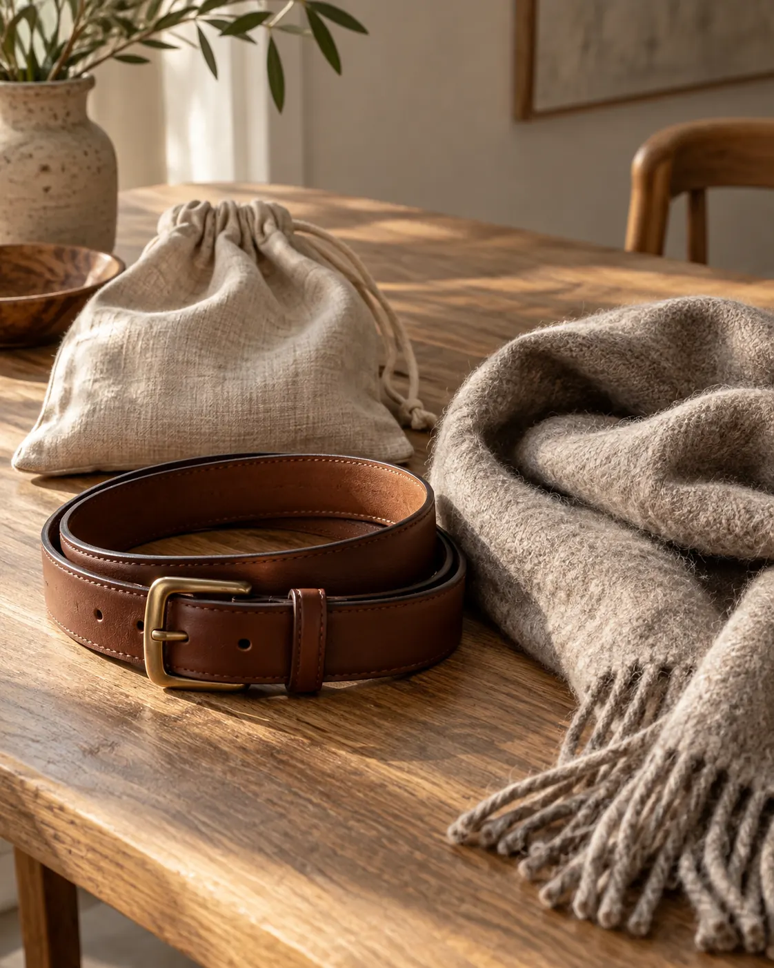 Leather belt, wool scarf and a plain pouch.