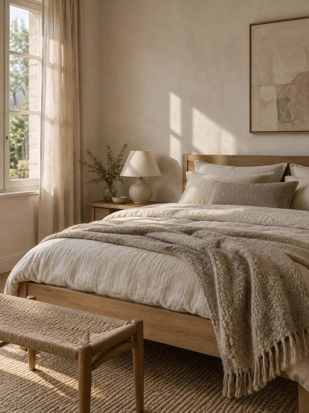 Linen bedding in morning light.