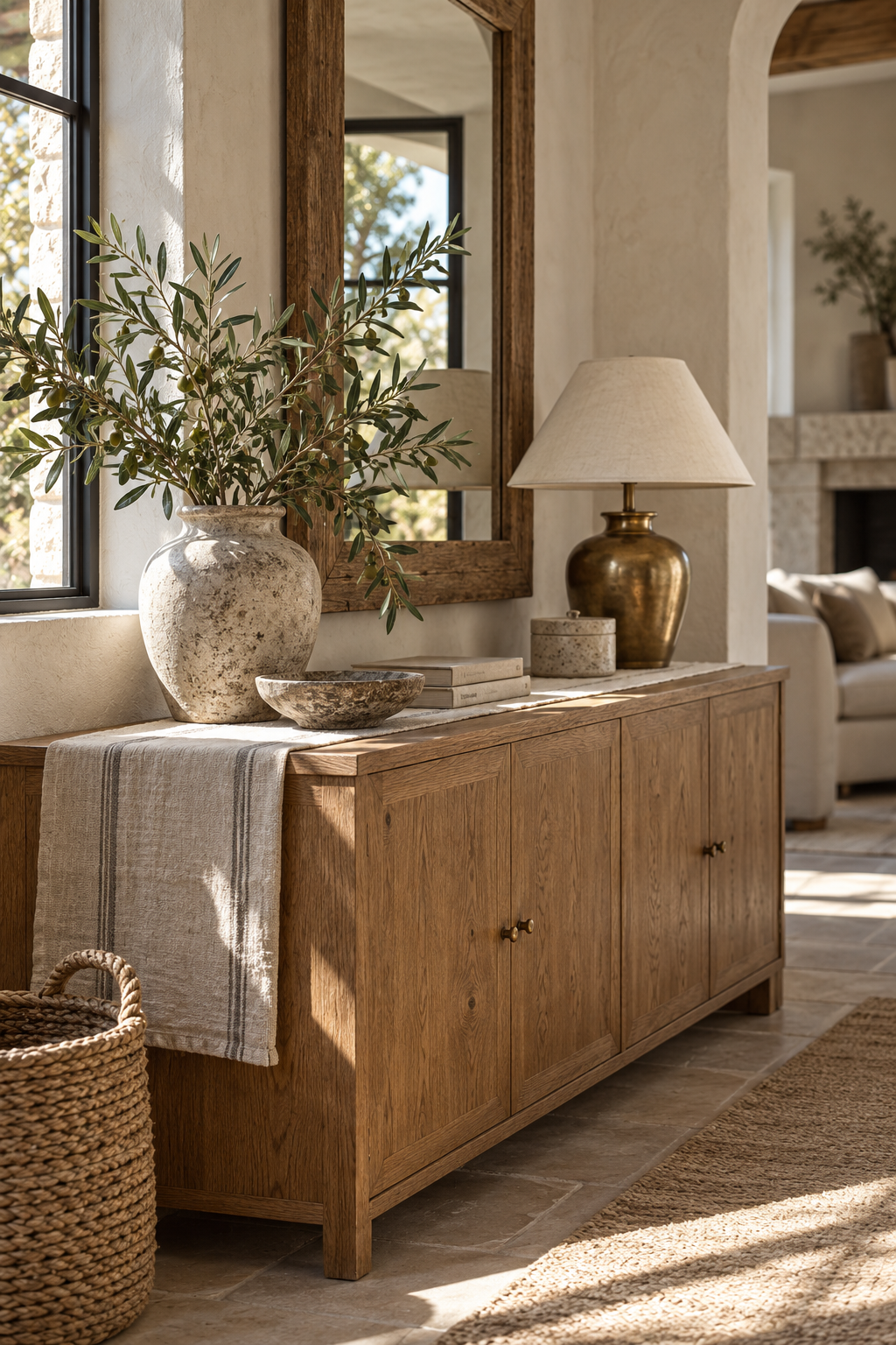 Oak sideboard with linen, ceramic and a brass lamp in natural light.