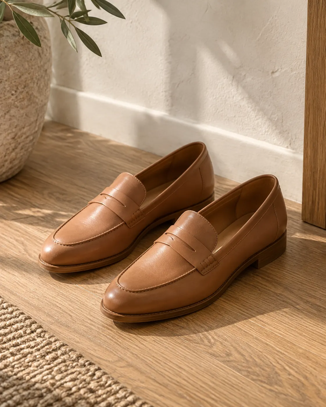 Tan leather loafers on an oak floor.