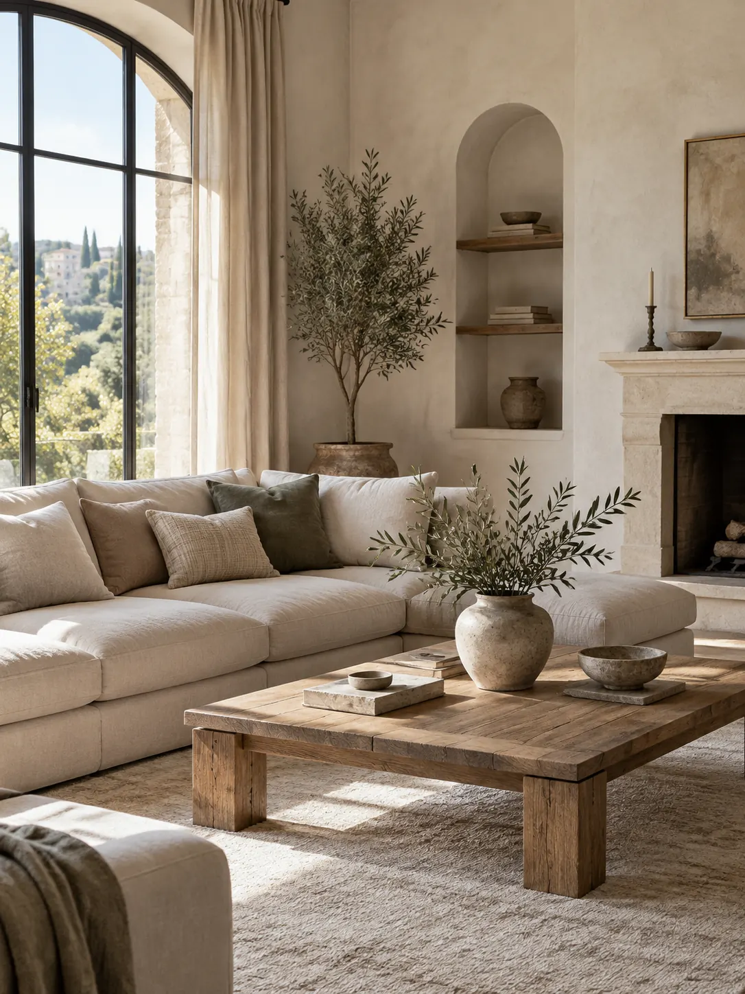 Linen sofa and oak table in a living room.