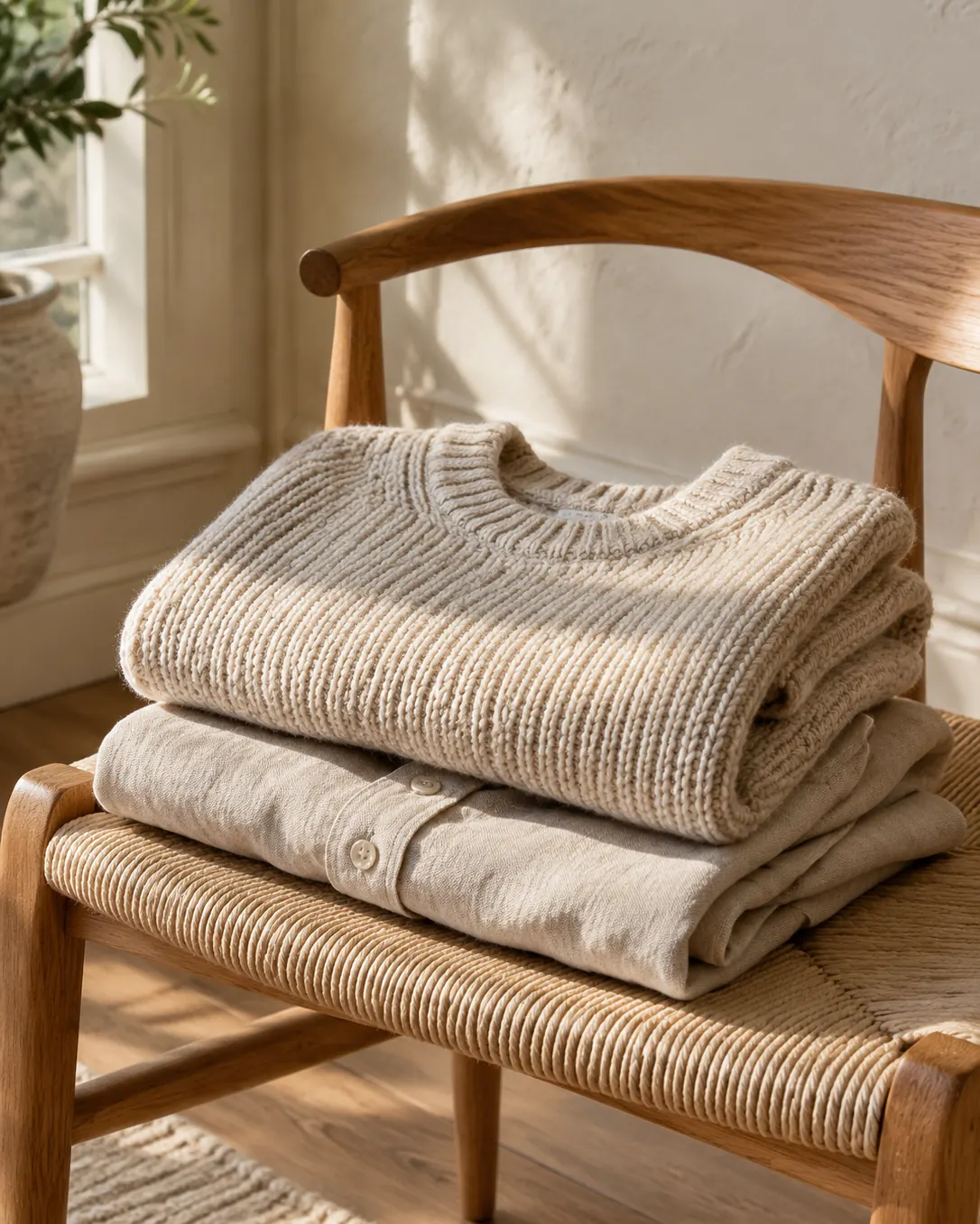 Folded knit and linen on an oak chair.