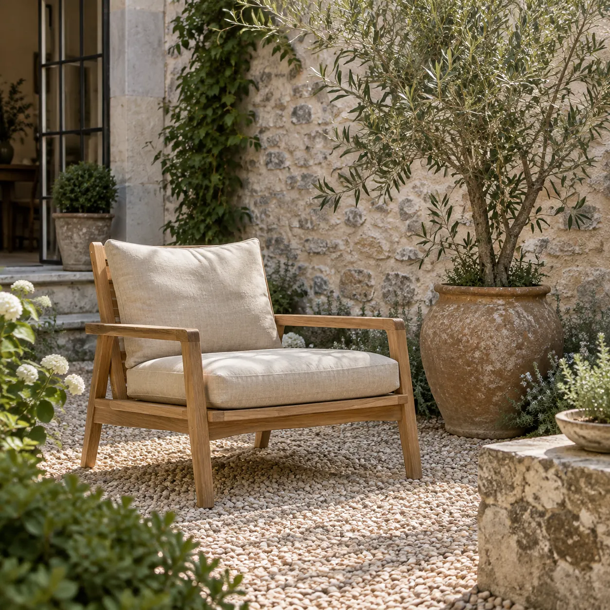 Wooden chair, stone wall and plants in a courtyard.