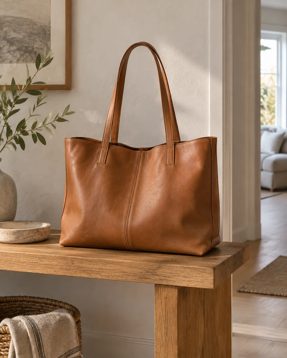 Unbranded tan leather tote on an oak bench.
