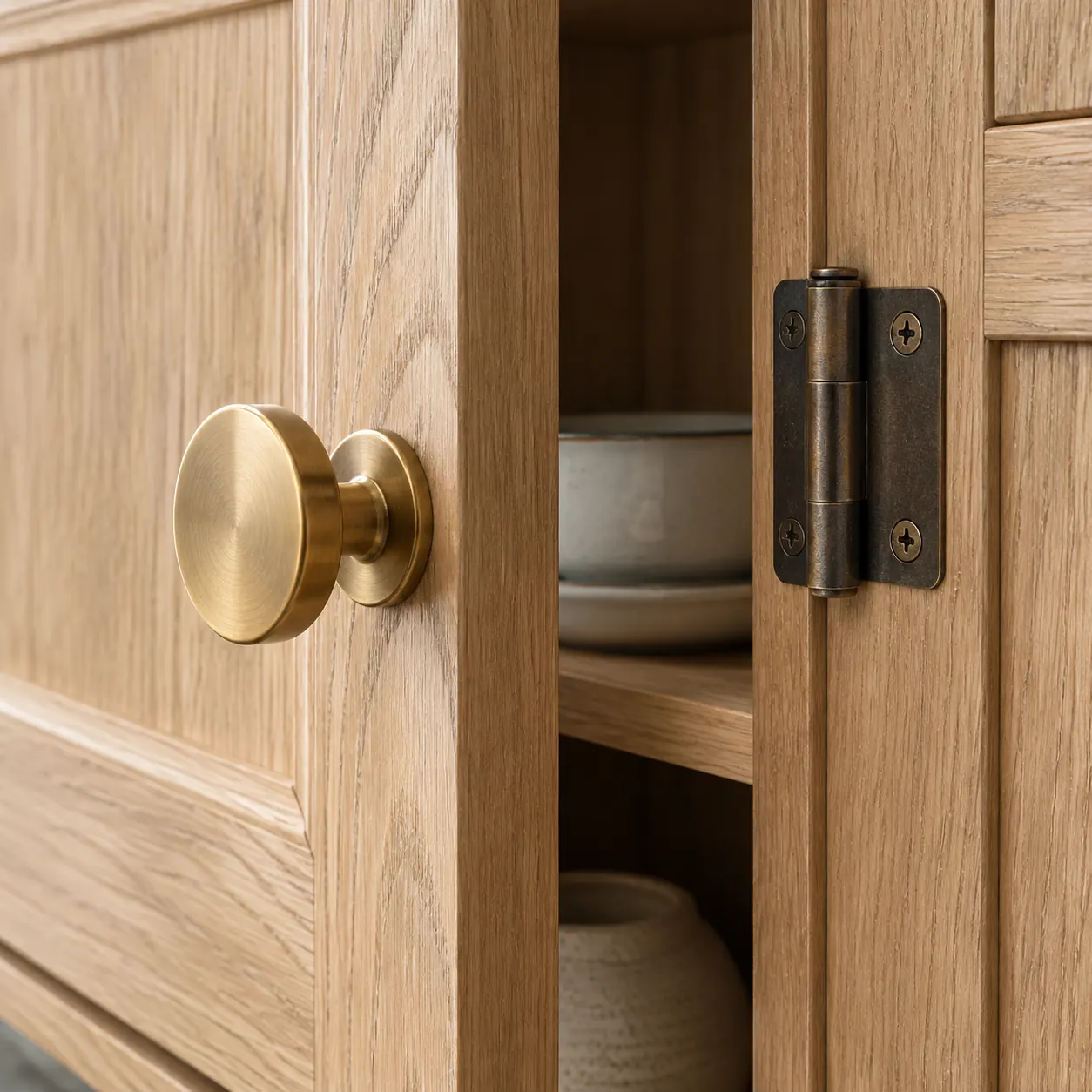 Brass hardware on oak.