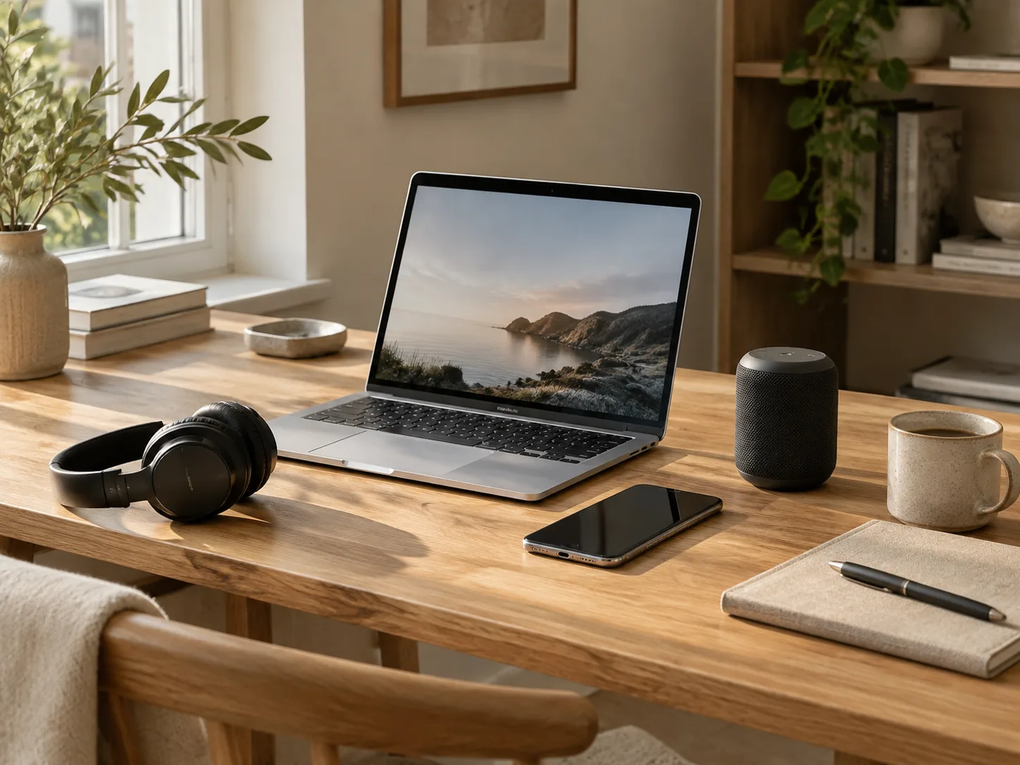 Laptop, headphones, phone and speaker on an oak desk.