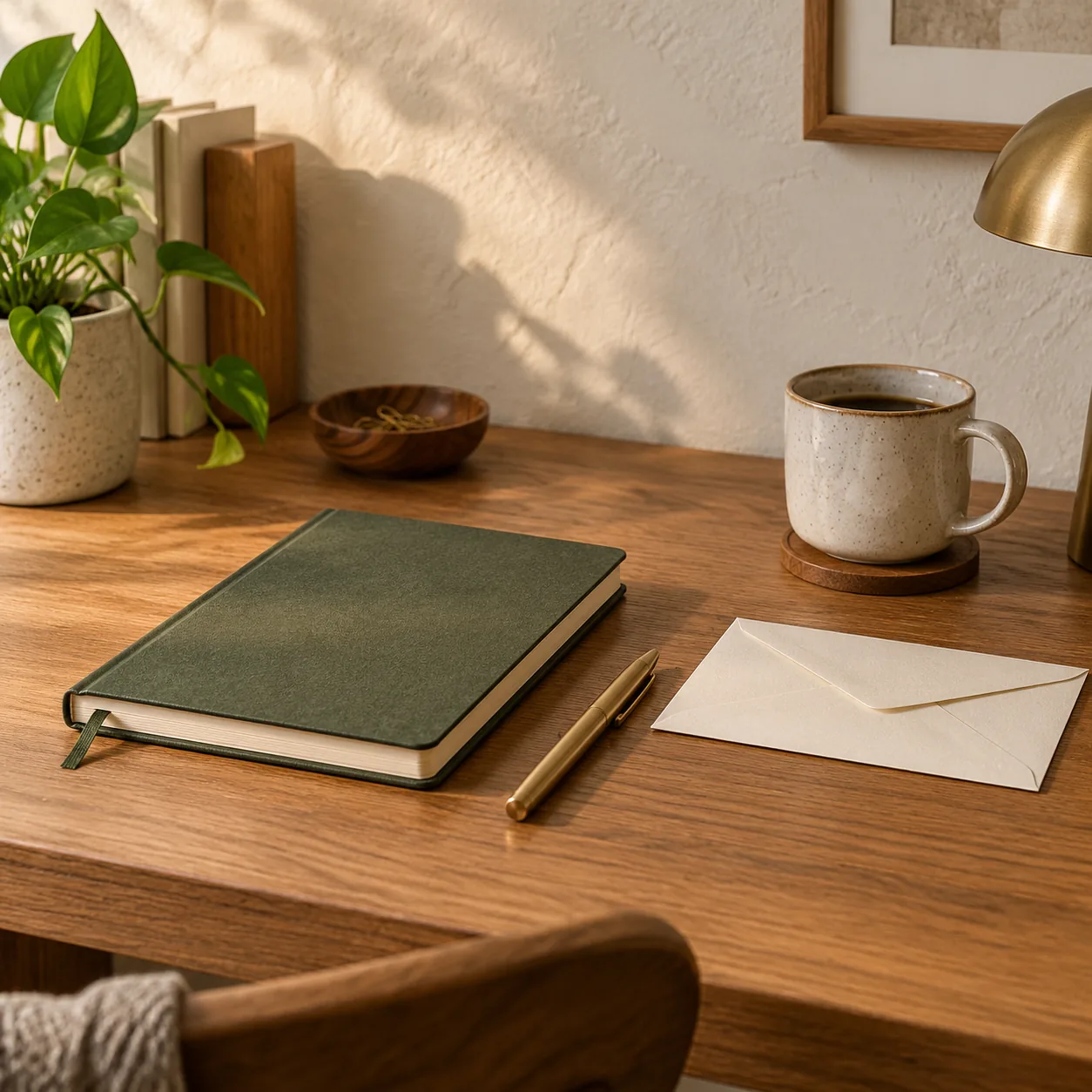 Notebook, envelope and cup on an oak desk.