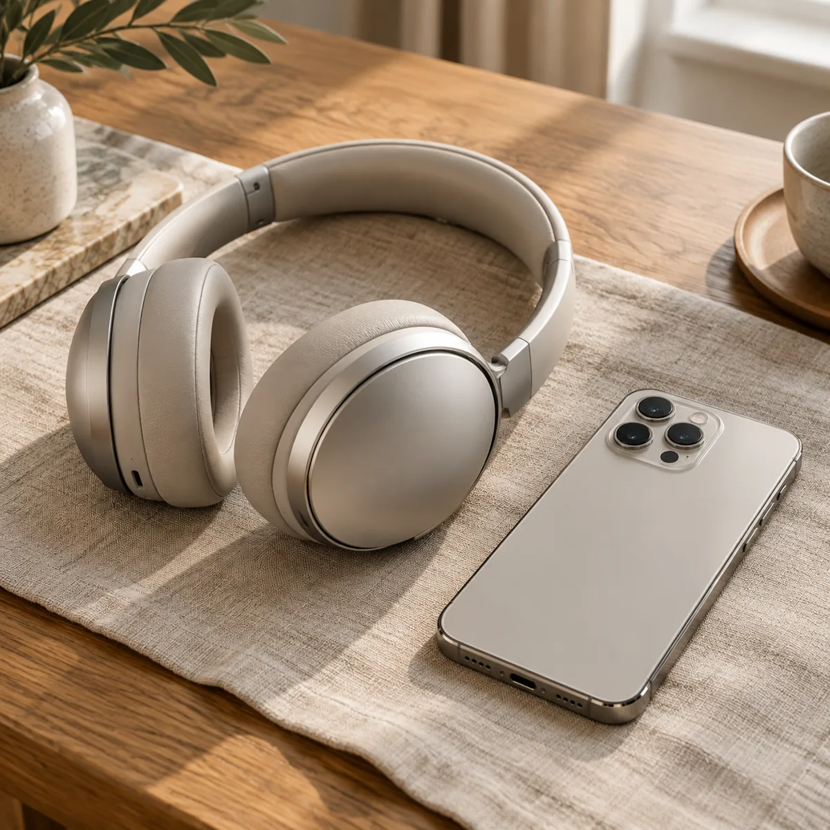 Headphones and a smartphone on linen.