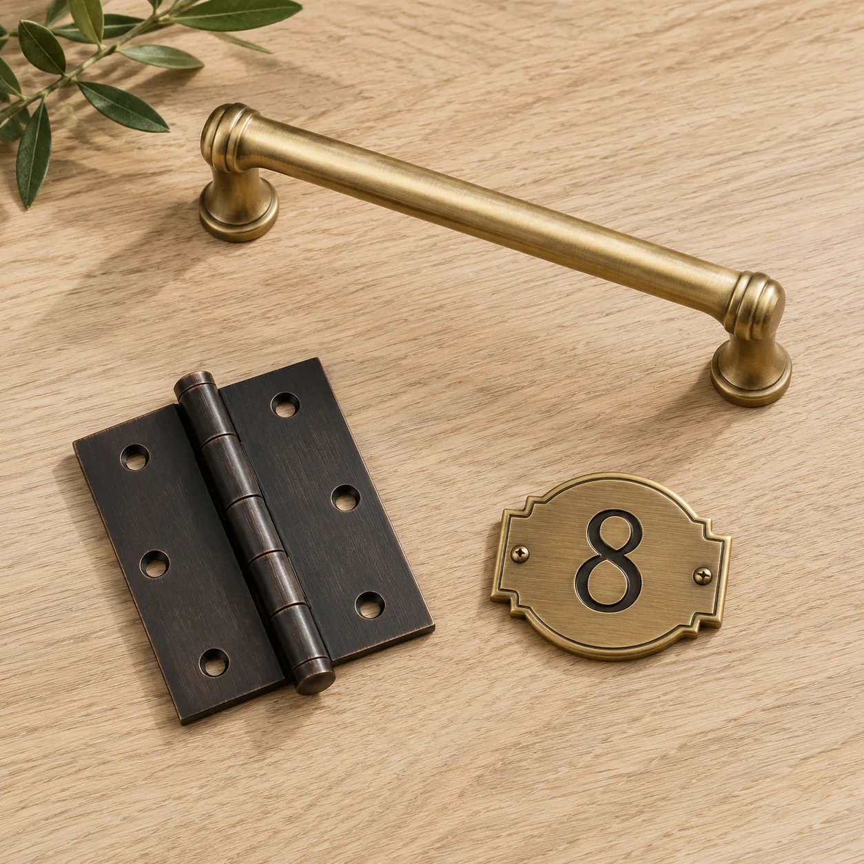 Brass cabinet pull, dark hinge and house-number plaque on oak.