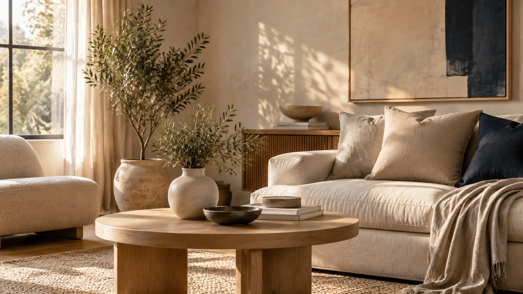 Linen sofa, oak table and ceramic vase in daylight.