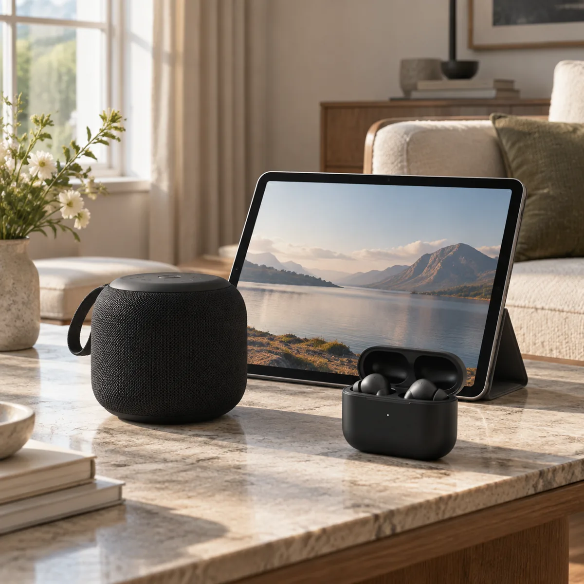 Speaker, tablet and earbuds on a stone table.