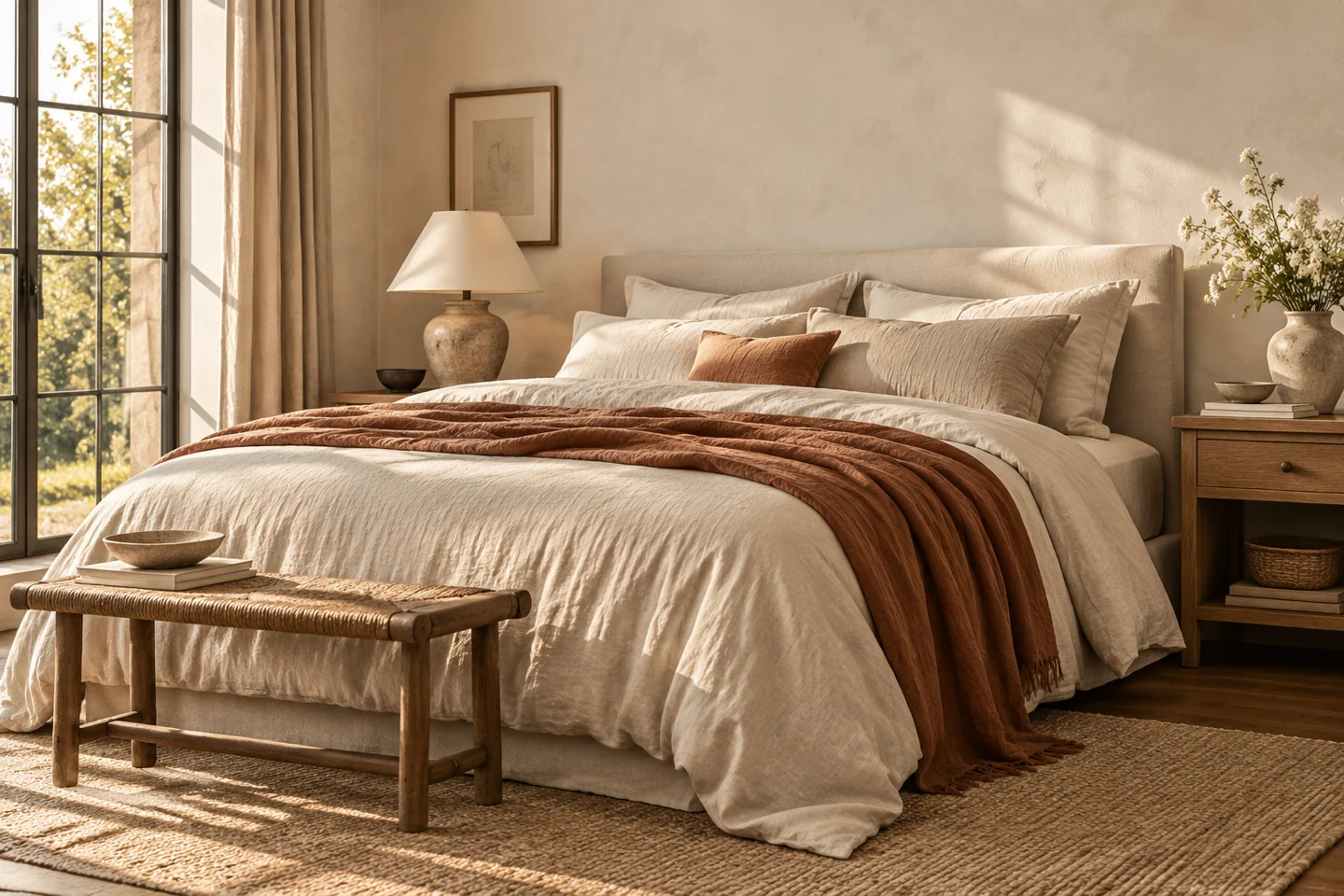 Sunlit bedroom with oatmeal bedding, oak furniture and a terracotta throw.
