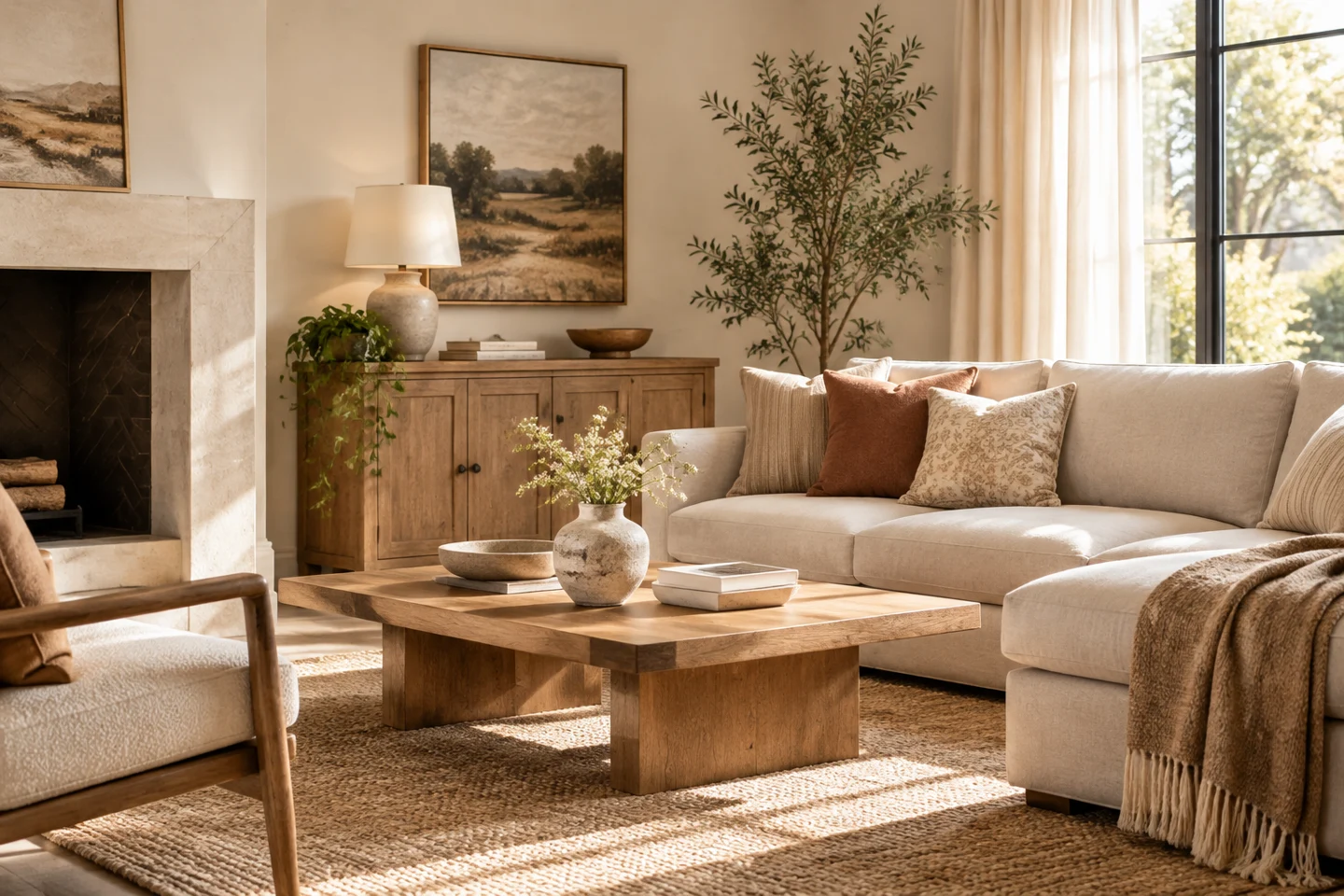 Linen seating and an oak coffee table in a calm living room.