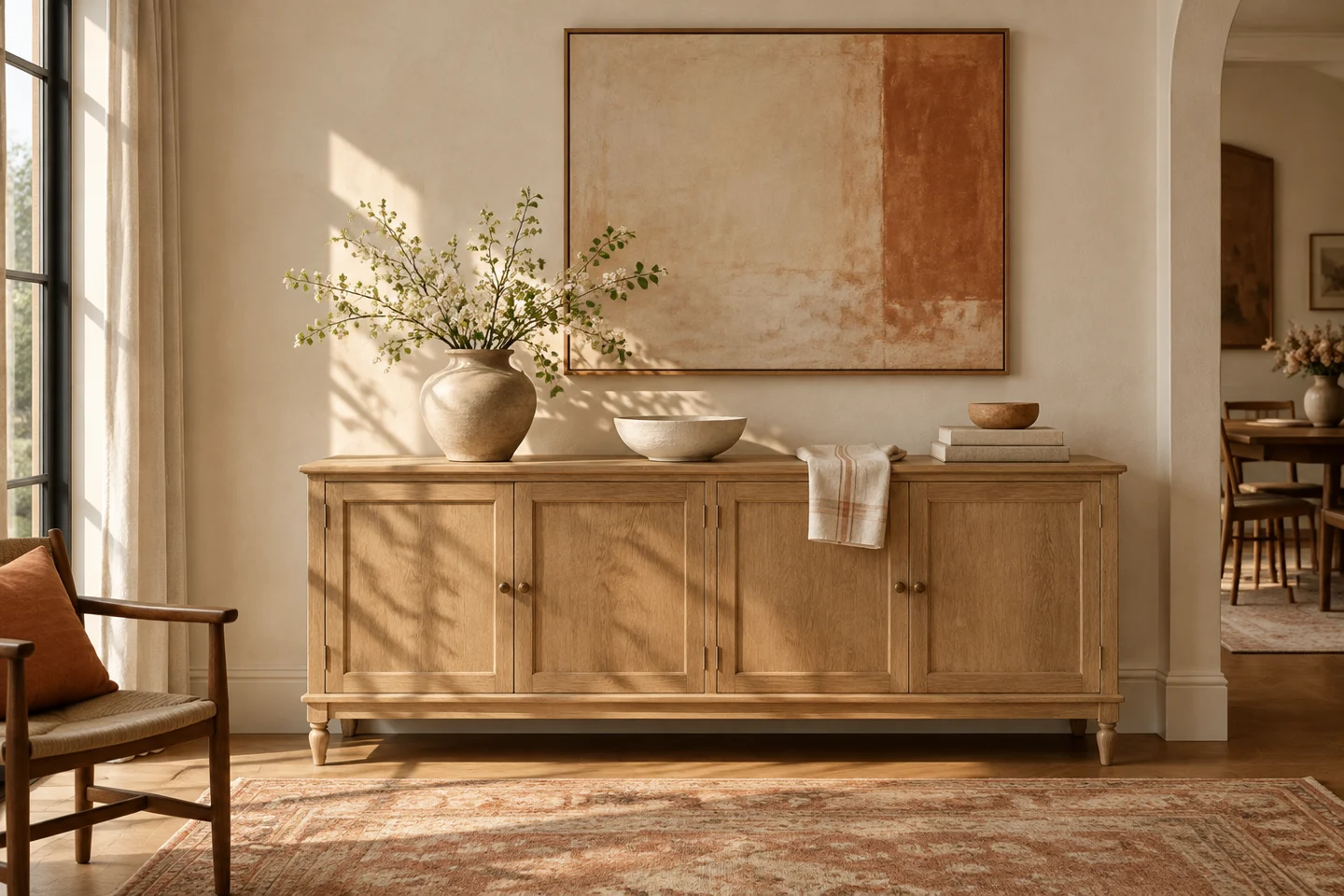 An oak sideboard with ceramics and linen in daylight.