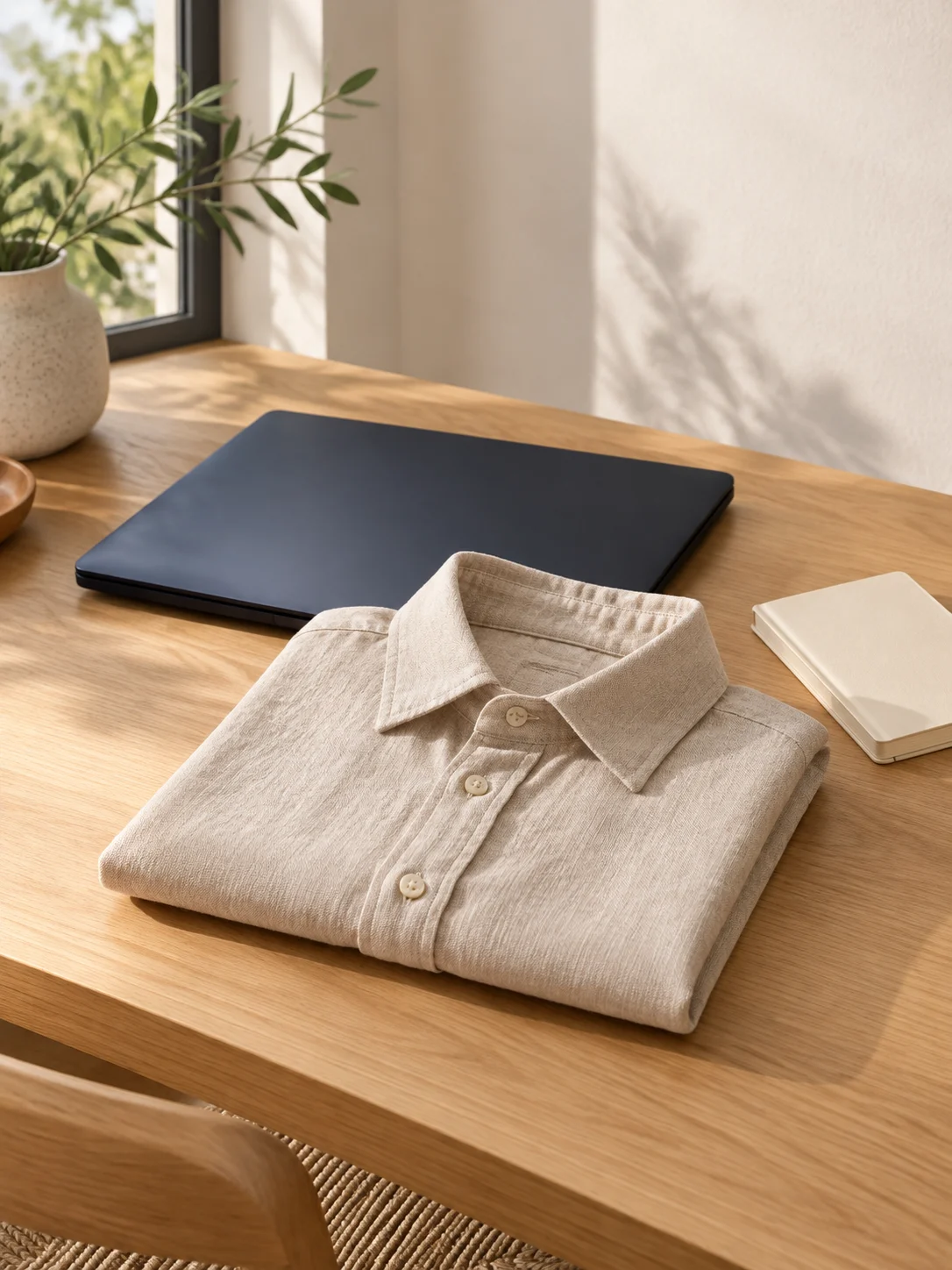 Closed navy laptop behind a folded linen shirt on an oak desk.