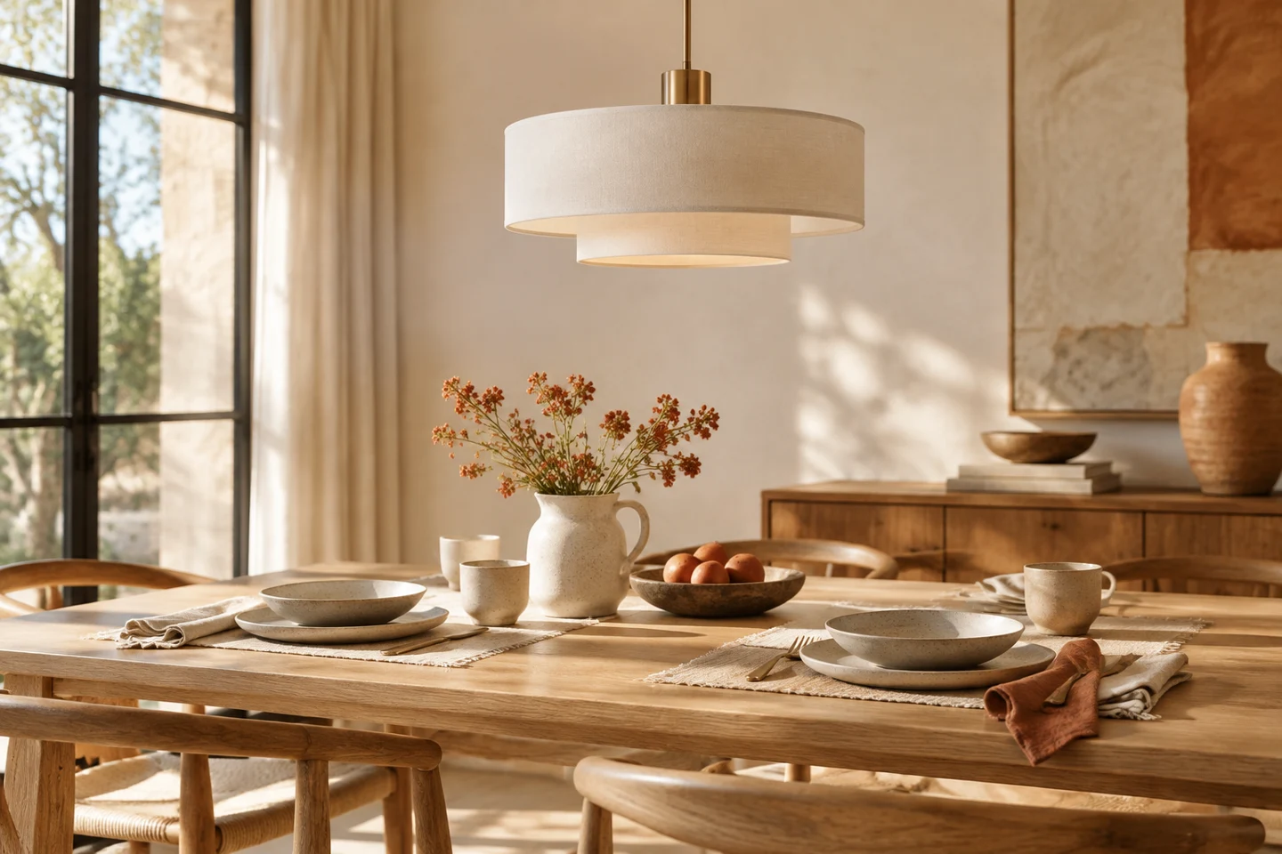 Oak dining table with stoneware, linen and natural morning light.